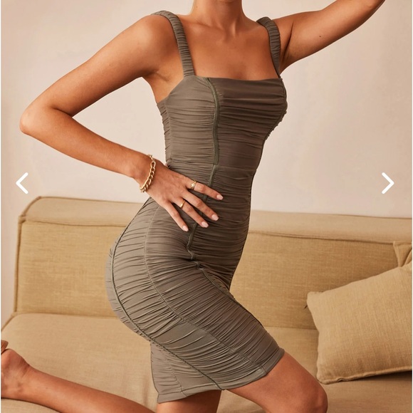 Selfie Leslie square neckline, ruched body on dress in olive - Picture 3 of 5